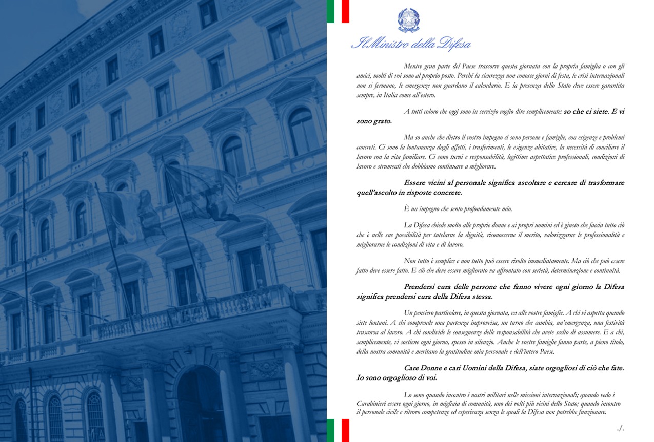 Messaggio del Ministro Crosetto in occasione della festività di Ferragosto