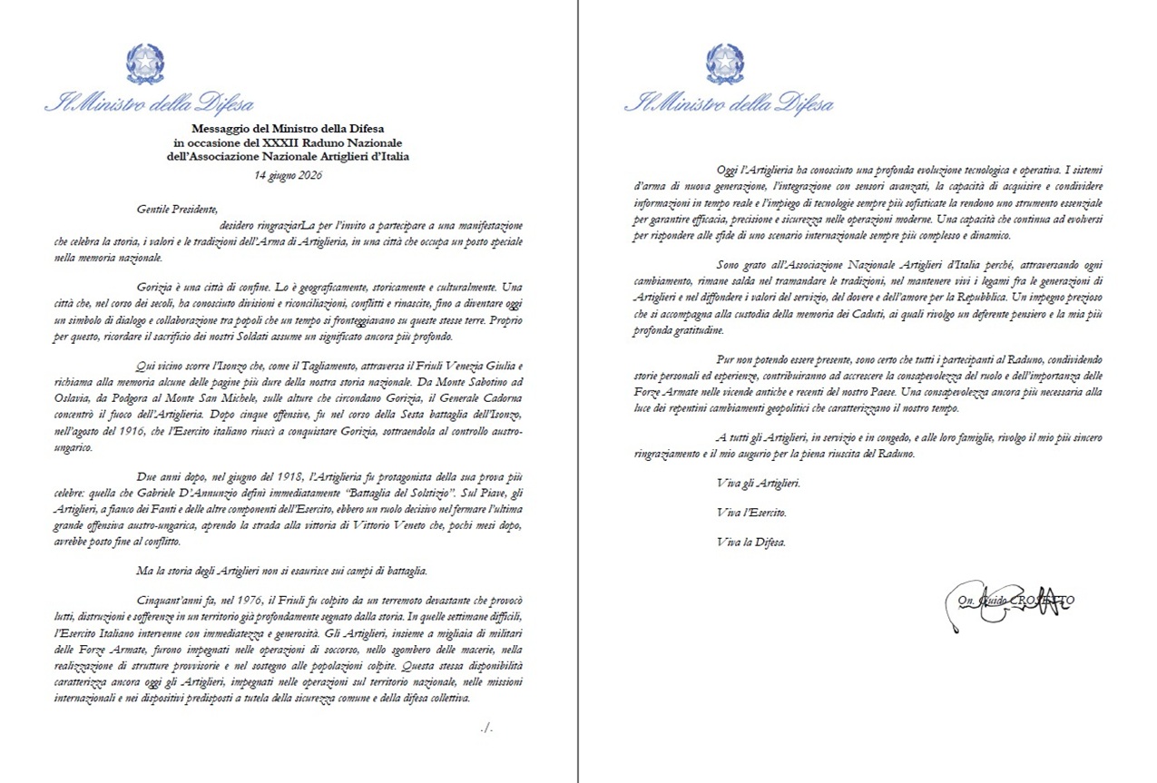Messaggio del Ministro Crosetto per il XXXII Raduno Nazionale dell’Associazione Nazionale Artiglieri d’Italia
