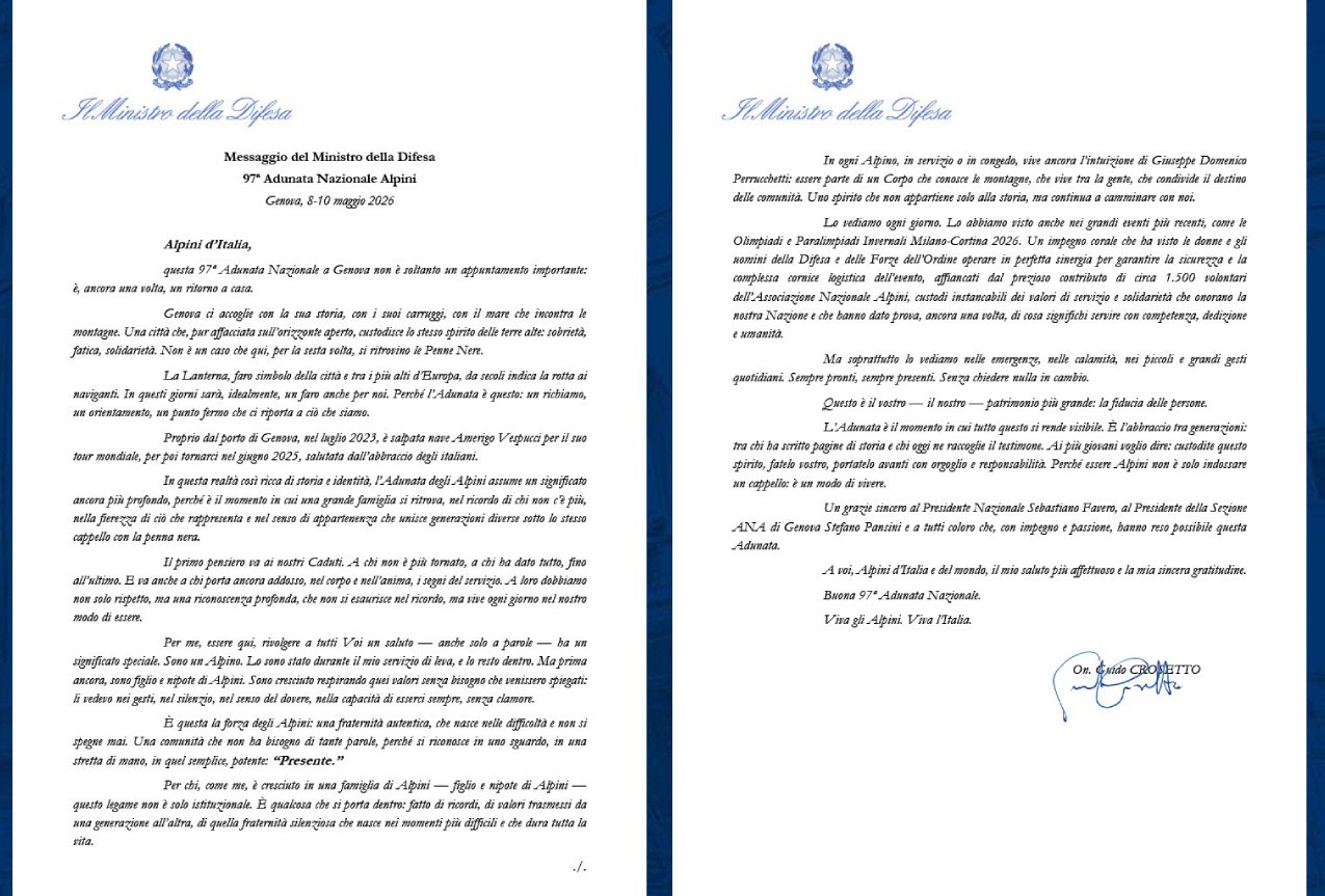 Messaggio del Ministro Crosetto in occasione della 97^ Adunata degli Alpini 