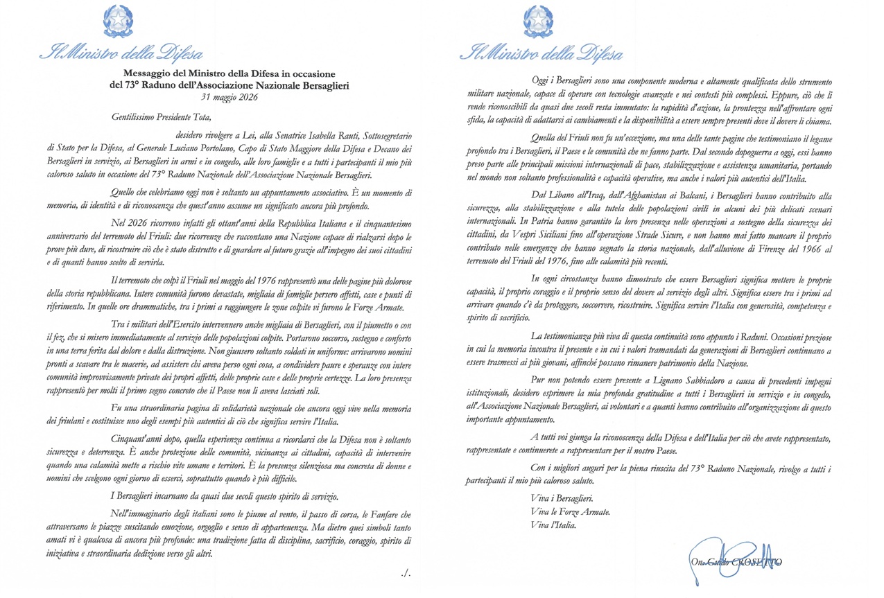 Messaggio del Ministro della Difesa in occasione del 73° Raduno dell'Associazione Nazionale Bersaglieri